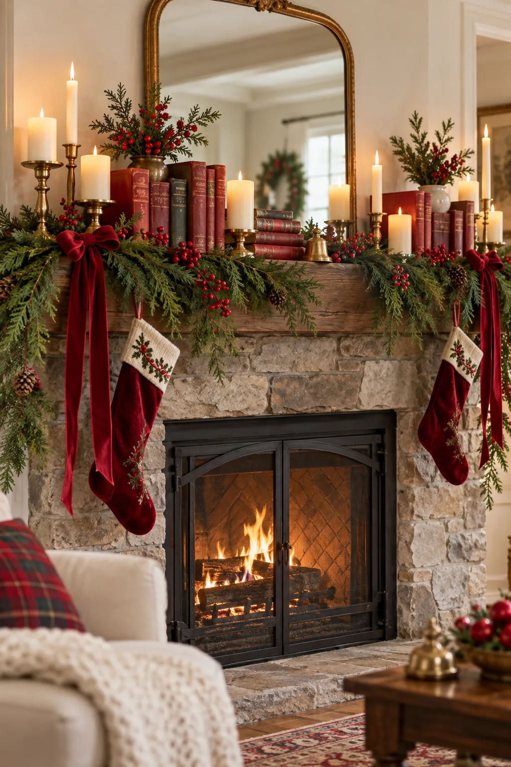 Red vintage books and cream candles styled on a Christmas mantel