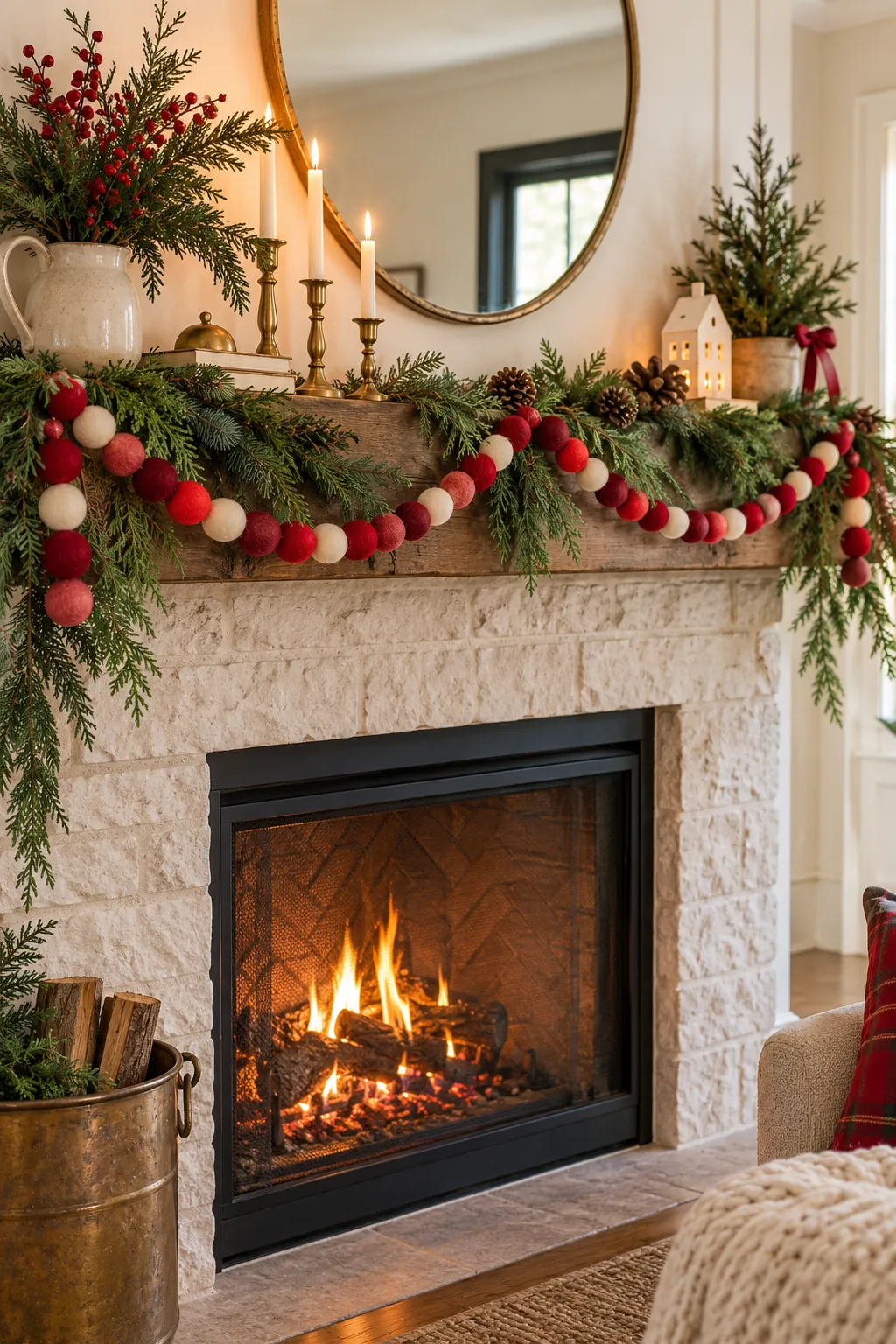 Handmade red and cream felt ball garland on a Christmas mantel