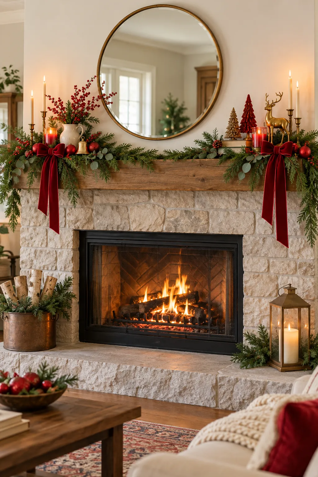 Two red Christmas mantel clusters separated by open shelf space