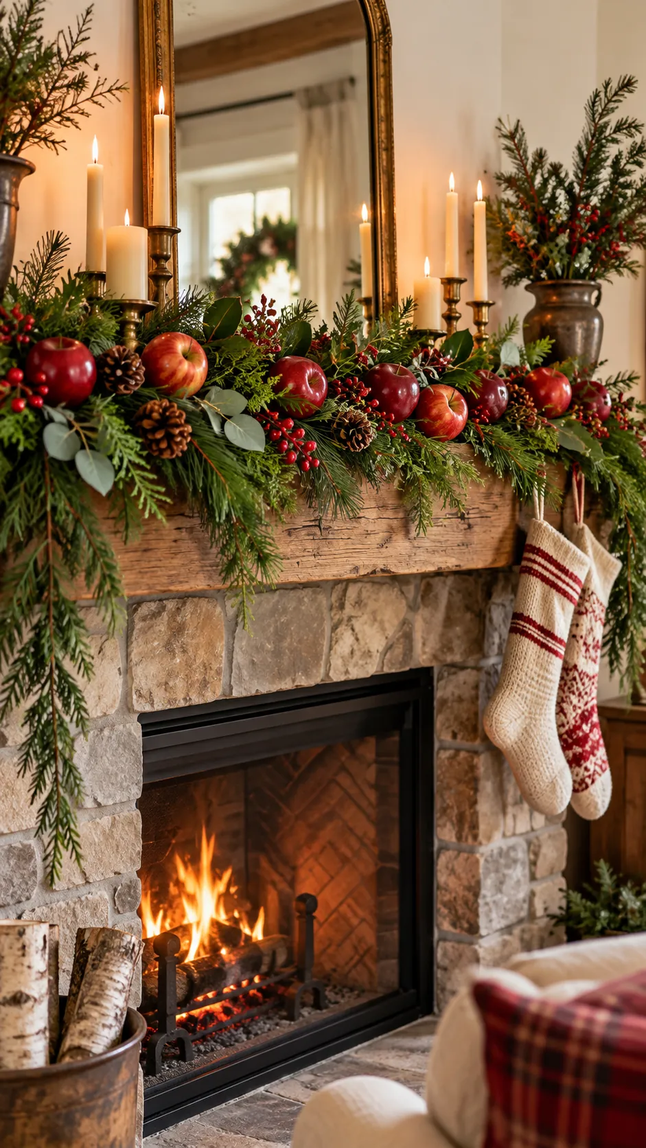 Red apples nestled in green pine on a Christmas mantel
