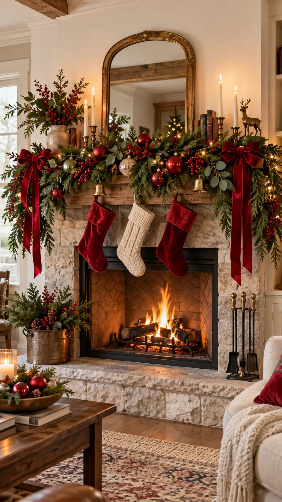 Red and green Christmas mantel with ribbon, ornaments, cedar, and warm wood