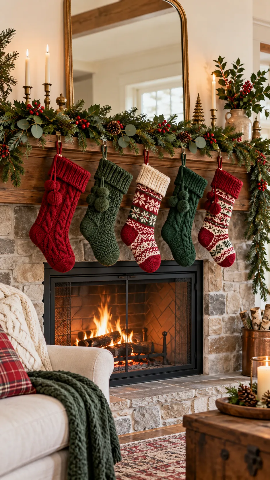 Red and green knit stockings on a wood Christmas mantel