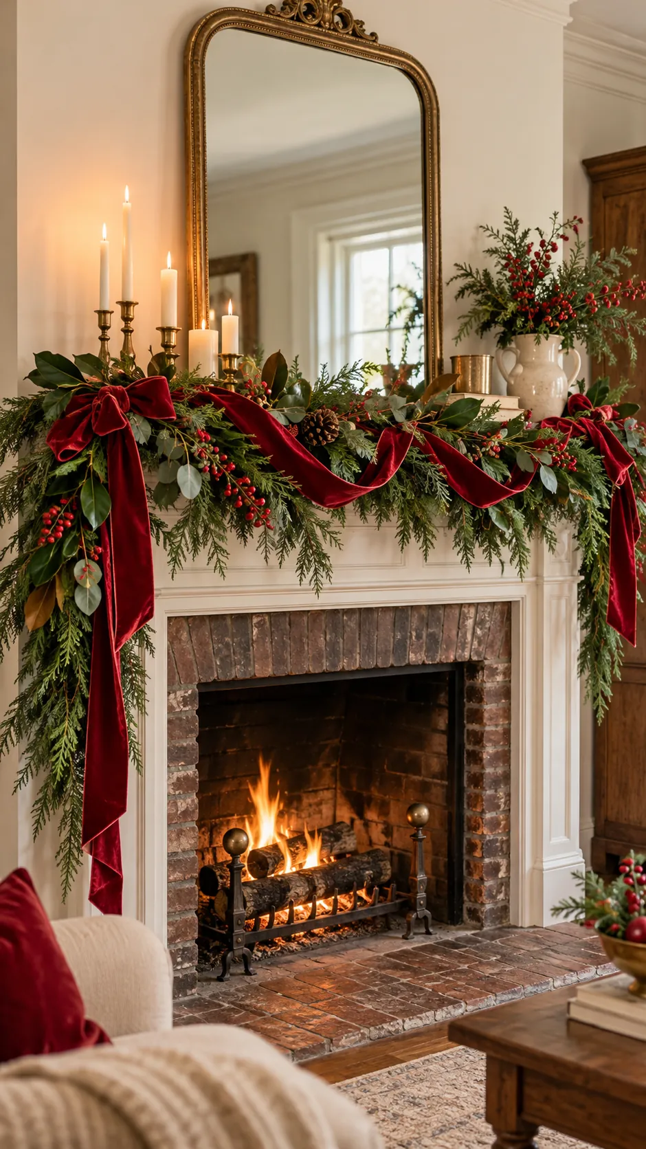 Red velvet ribbon woven through cedar mantel garland