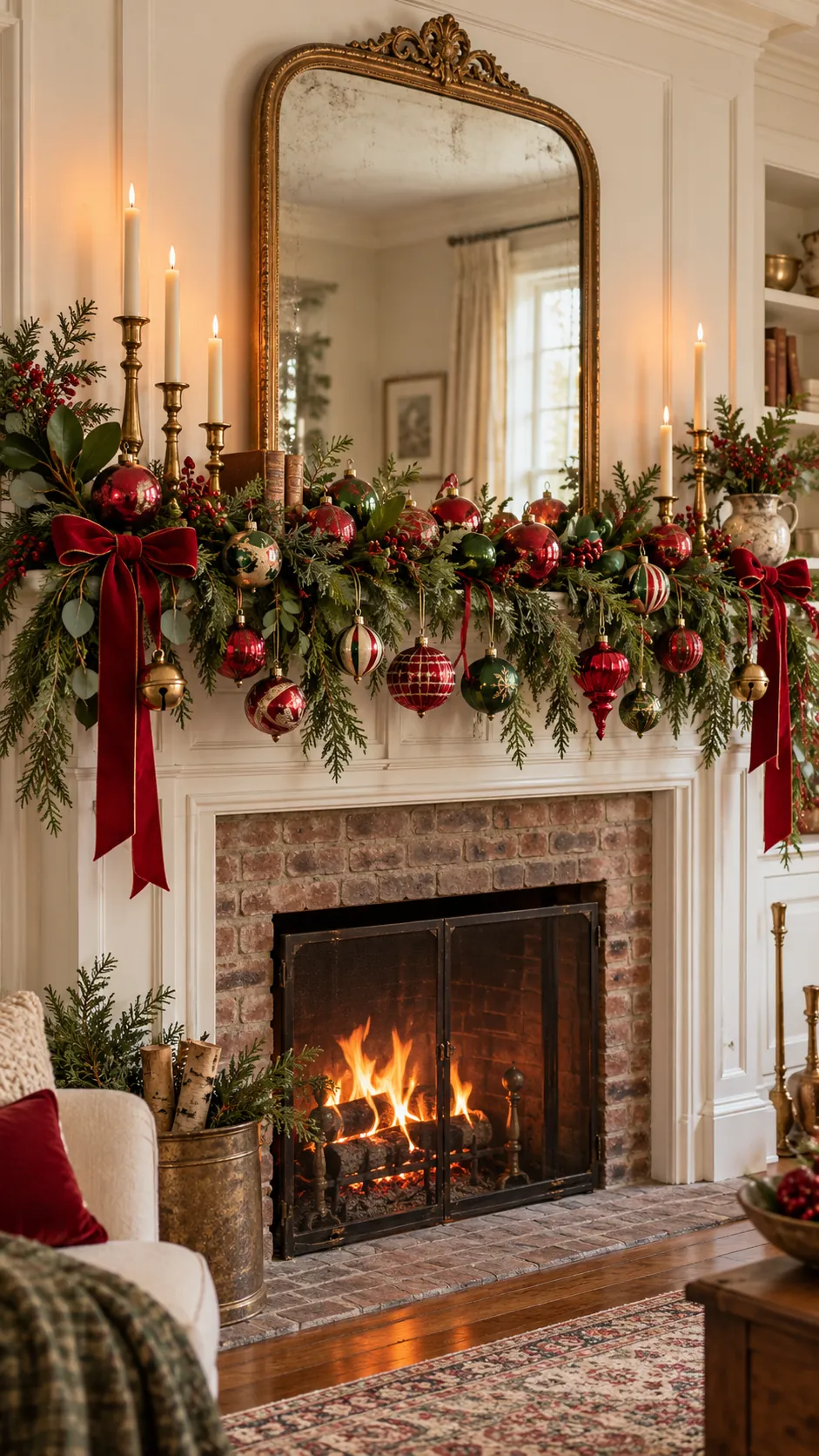 Vintage red and green ornaments arranged on a mantel