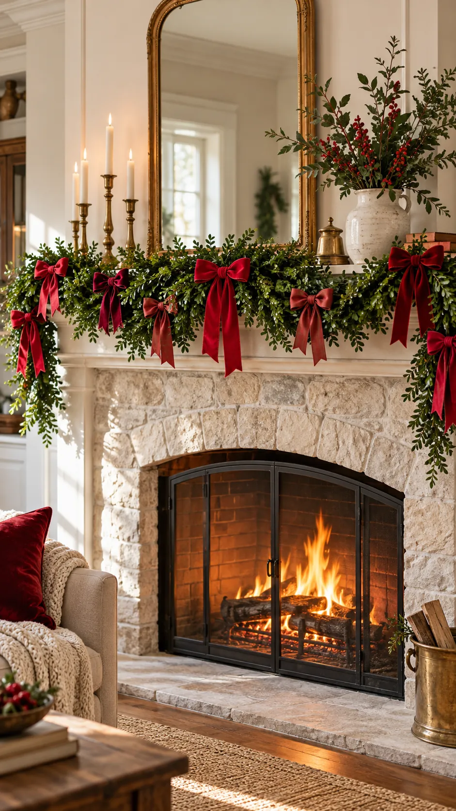 Small red bows tied to green boxwood mantel garland