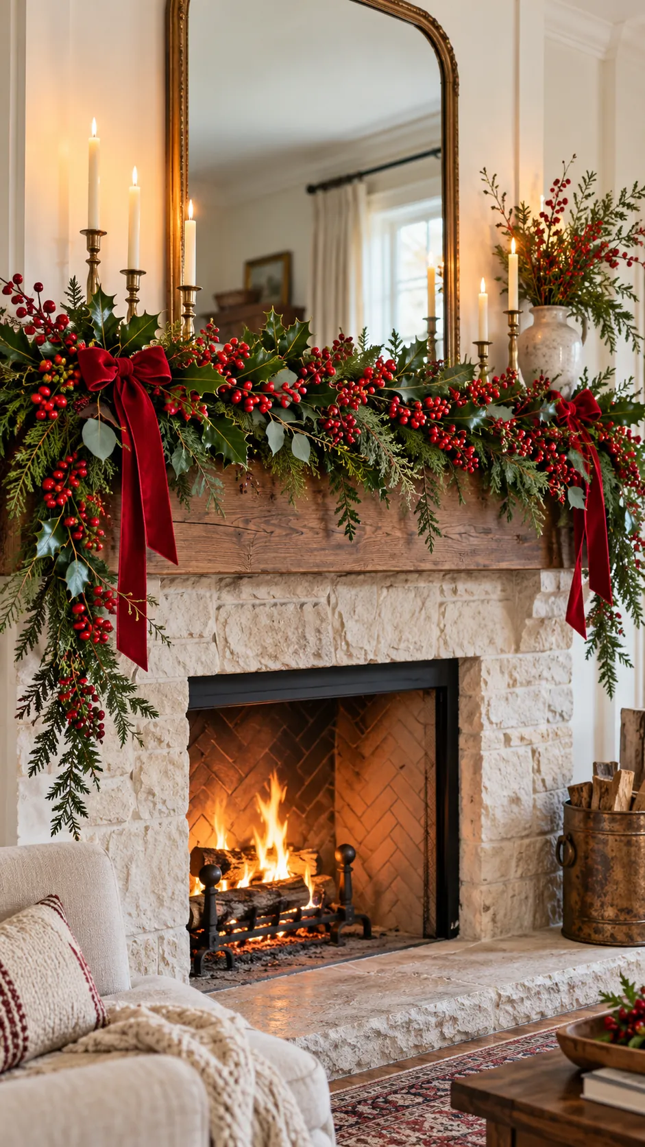 Holly leaves and red berries sweeping across a mantel