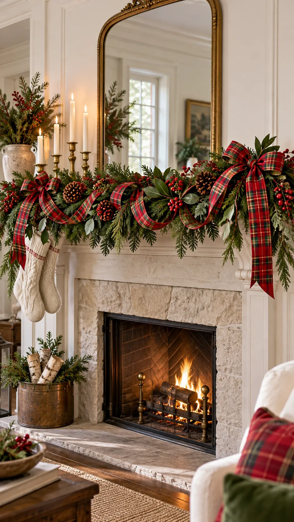 Red and green plaid ribbon in Christmas mantel greenery