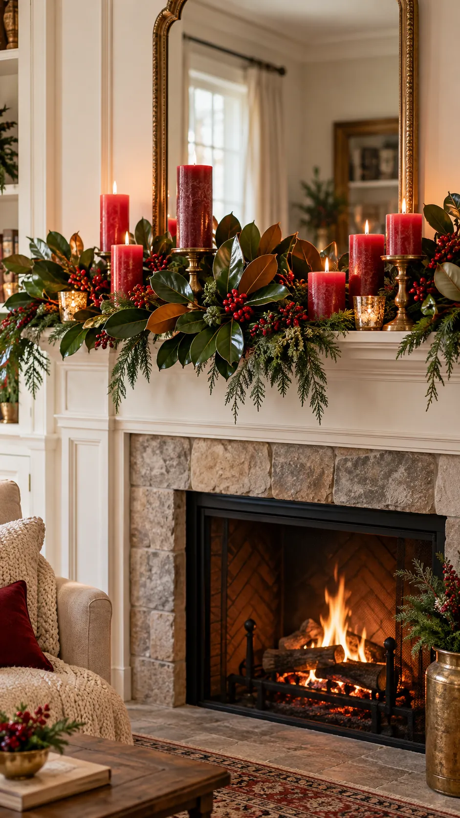 Red candles and green magnolia leaves on a mantel