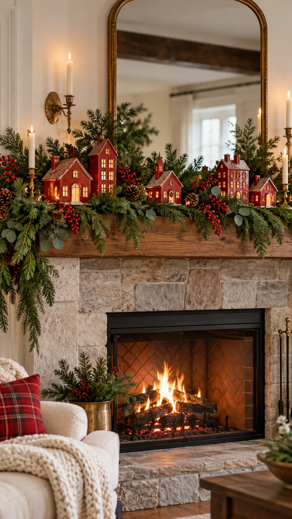 Red ceramic Christmas houses arranged among green fir