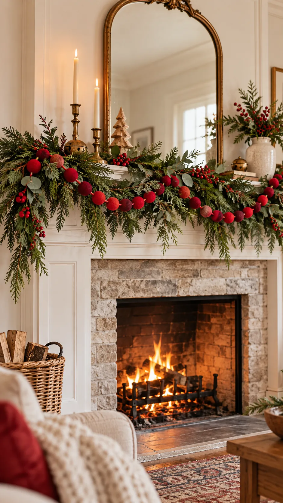 Red felt ball garland draped over evergreen mantel decor