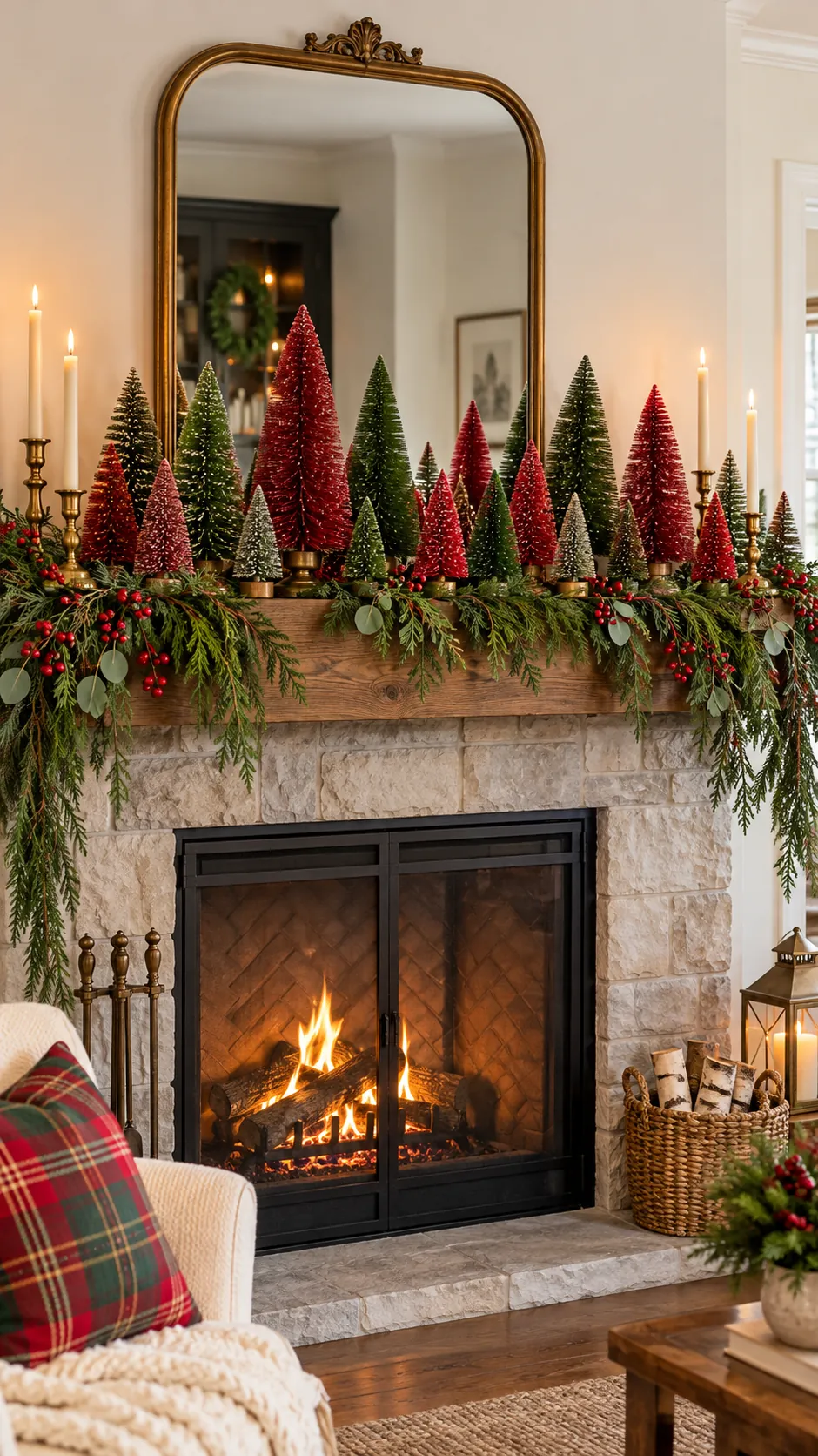 Red and green bottlebrush tree forest on a mantel