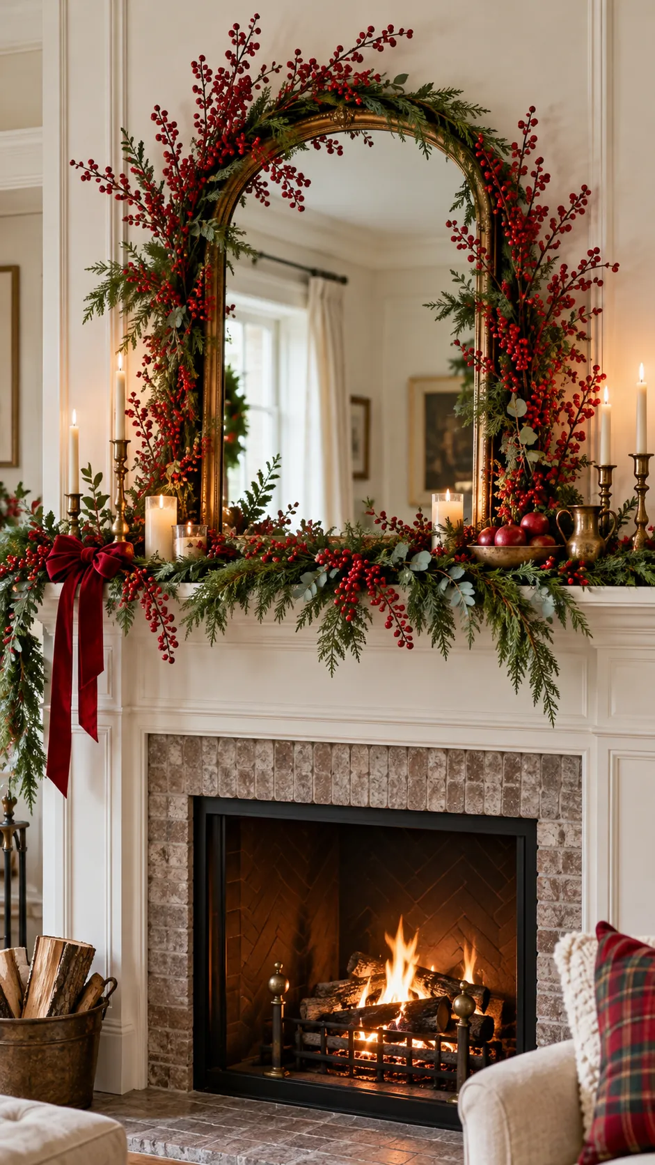 Red berry branches and cedar framing a mantel mirror