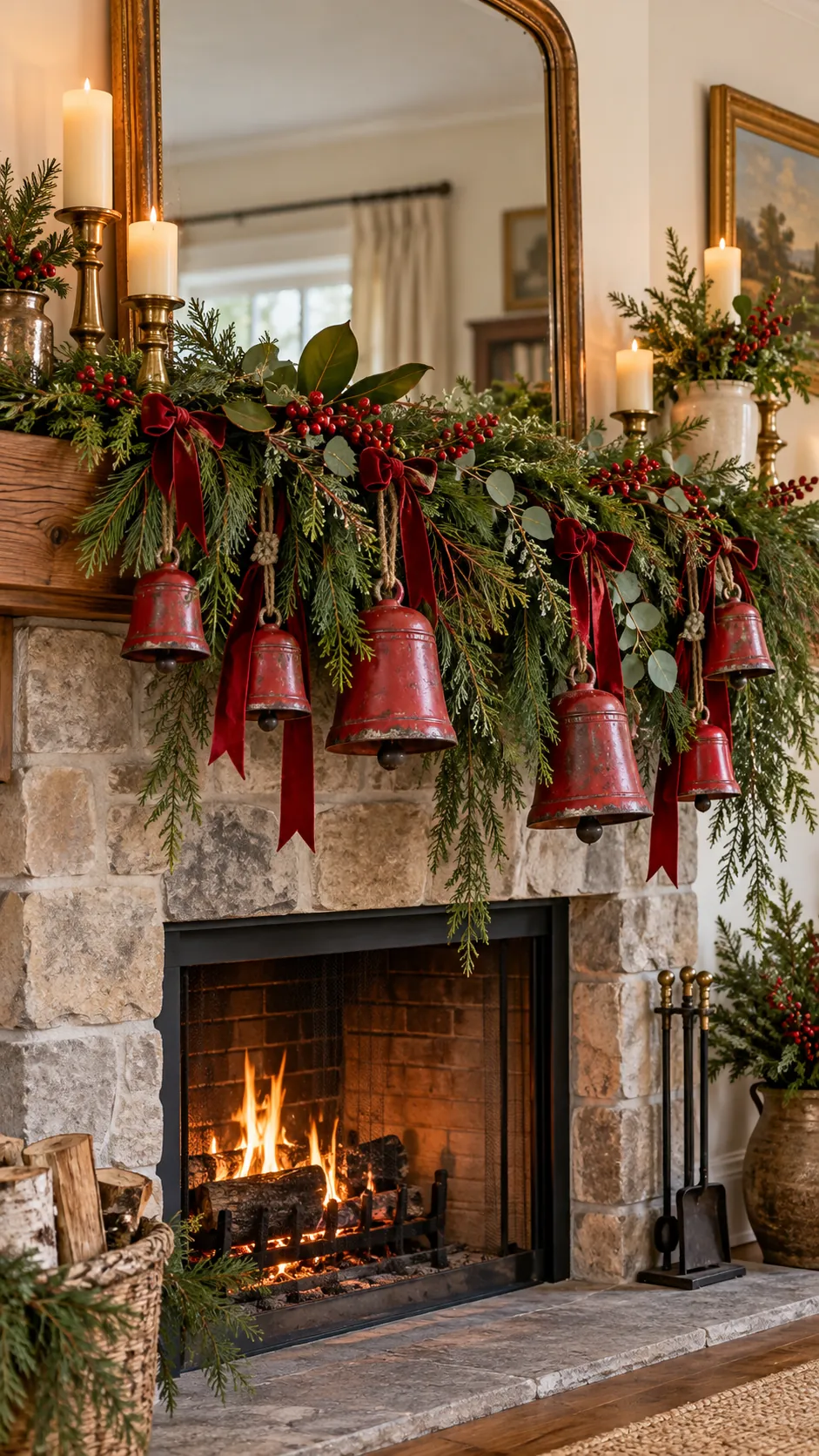 Painted red bells hanging over green mantel garland
