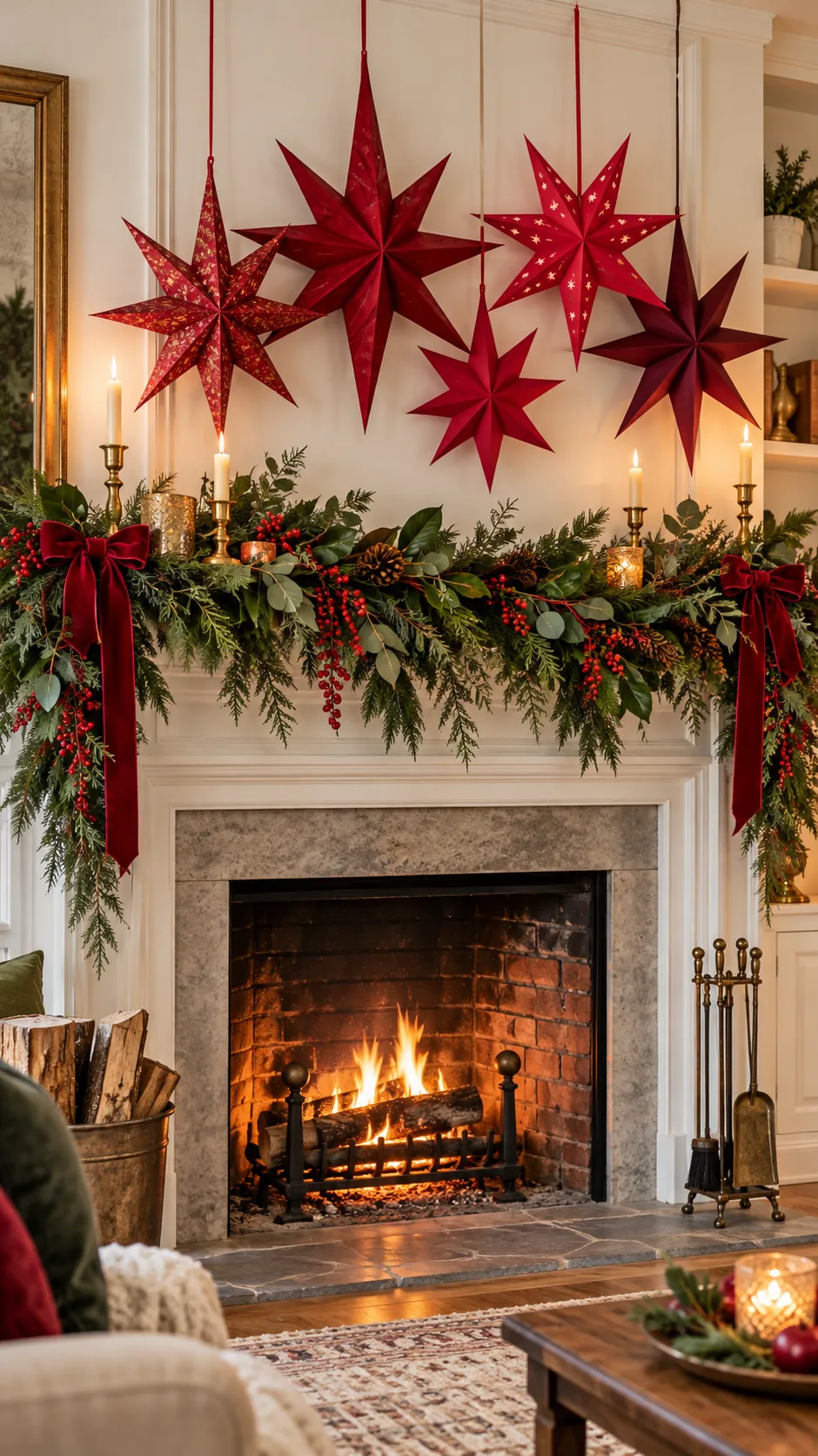 Red paper stars hanging above green mantel garland