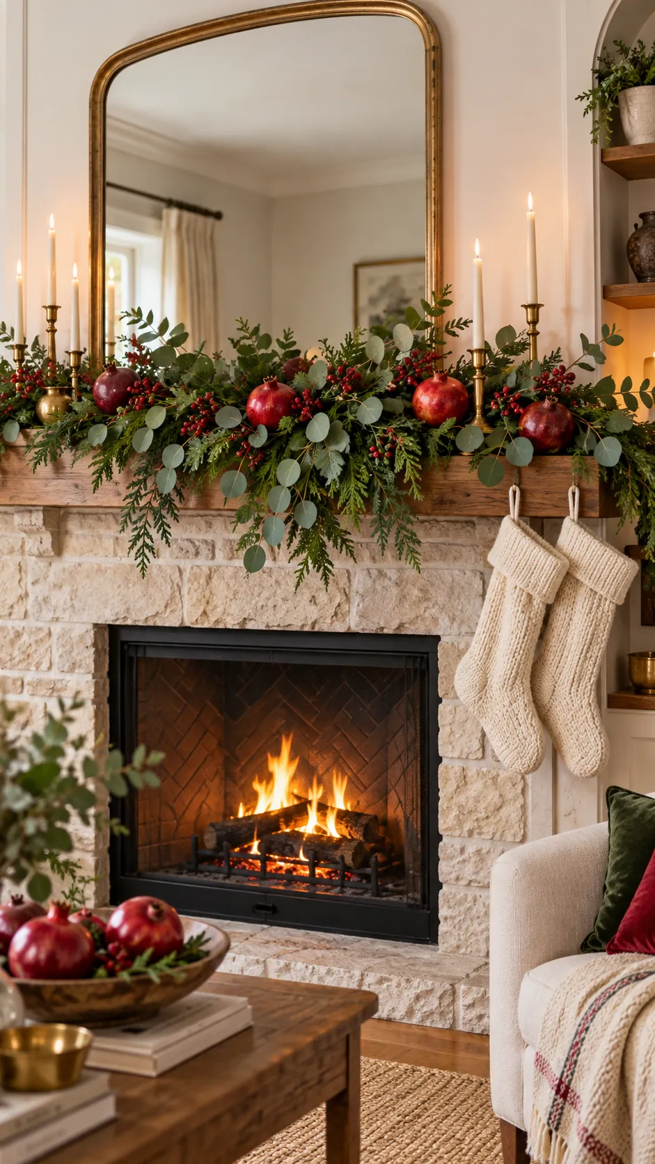 Red pomegranates and green eucalyptus on a Christmas mantel