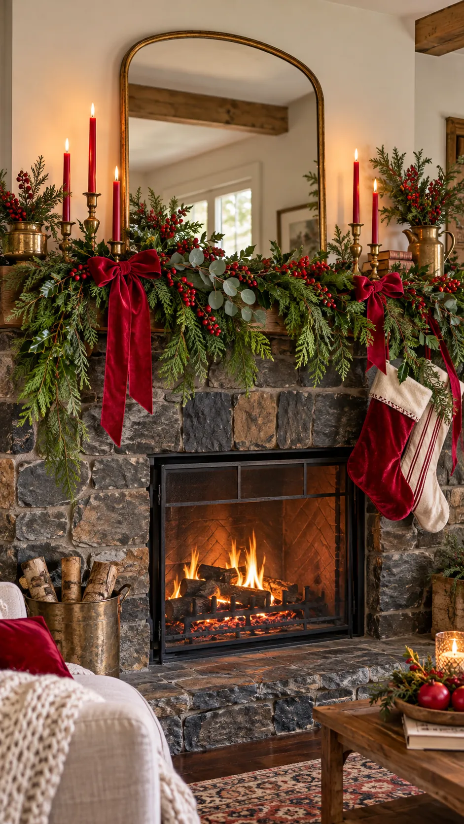 Red accents and cedar brightening a dark stone fireplace