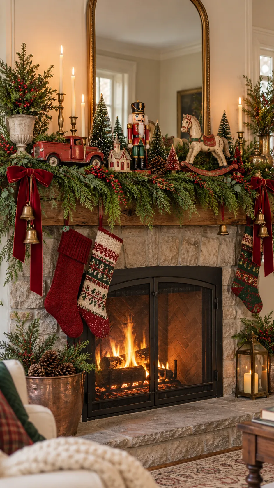 Nostalgic red and green toys arranged with pine on a mantel