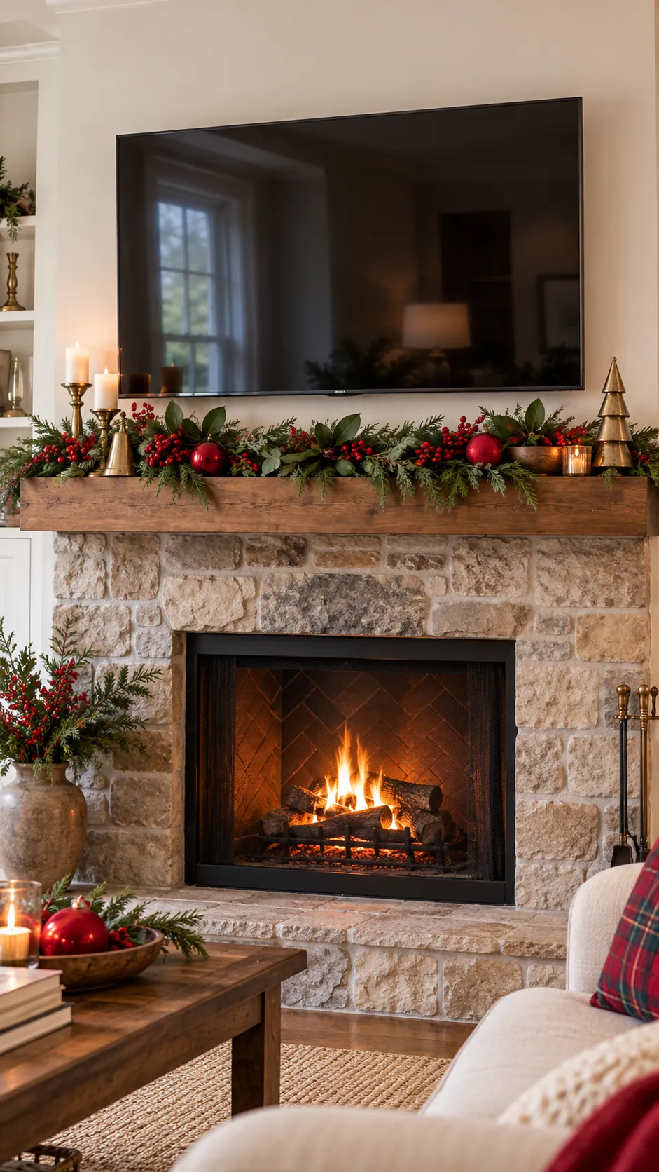 Low red and green Christmas decor beneath a mantel television
