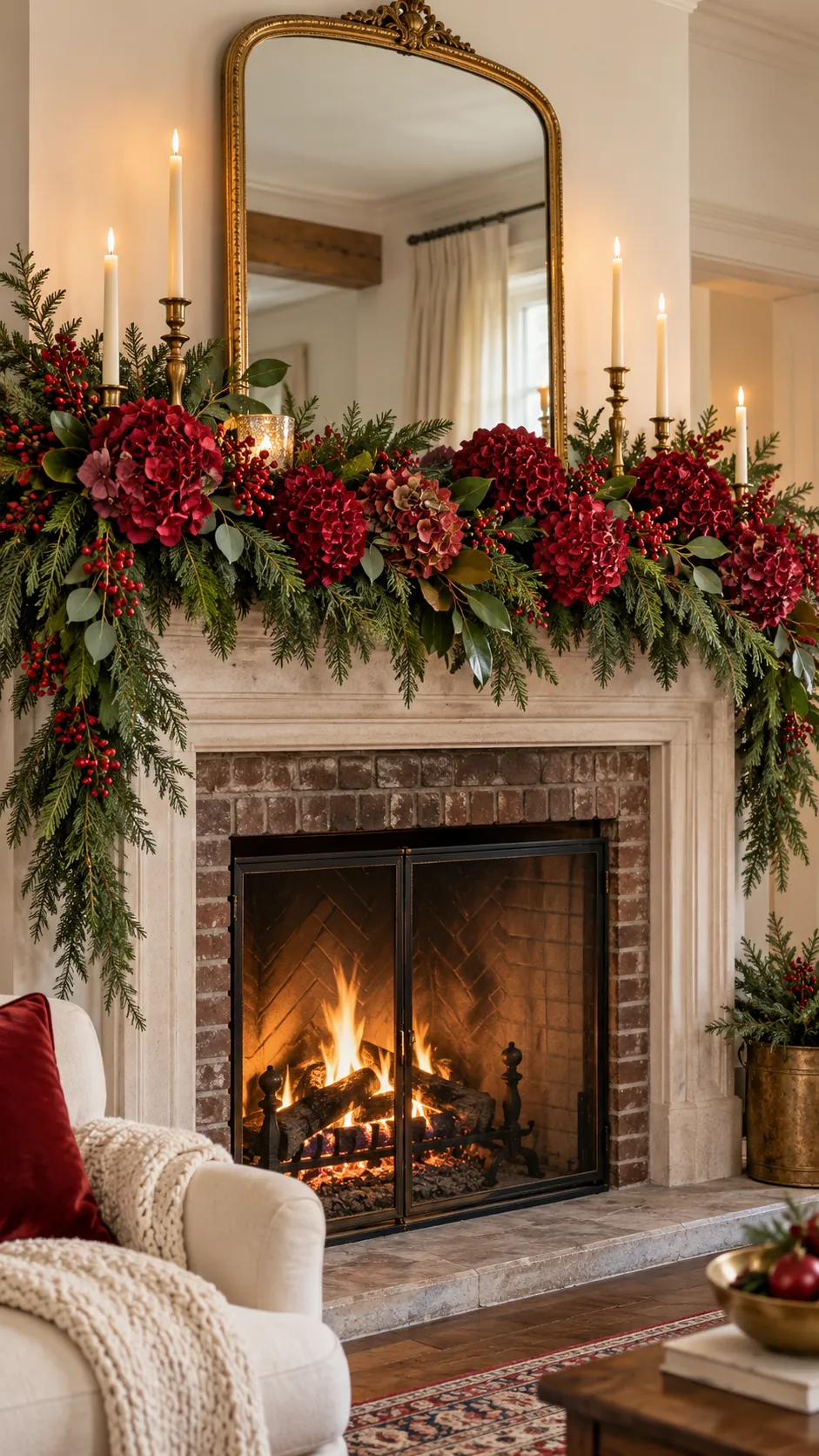 Deep red hydrangeas layered into green fir mantel garland