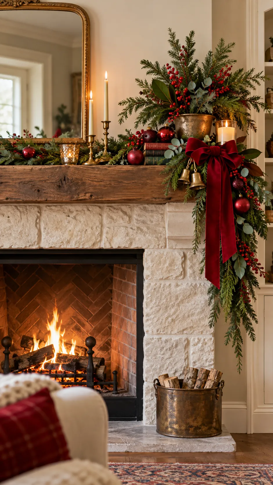 Asymmetrical red and green Christmas mantel cluster