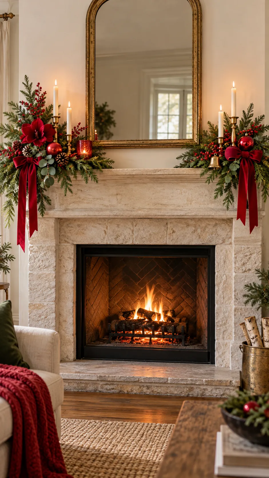 Two red and green Christmas clusters separated by open mantel space