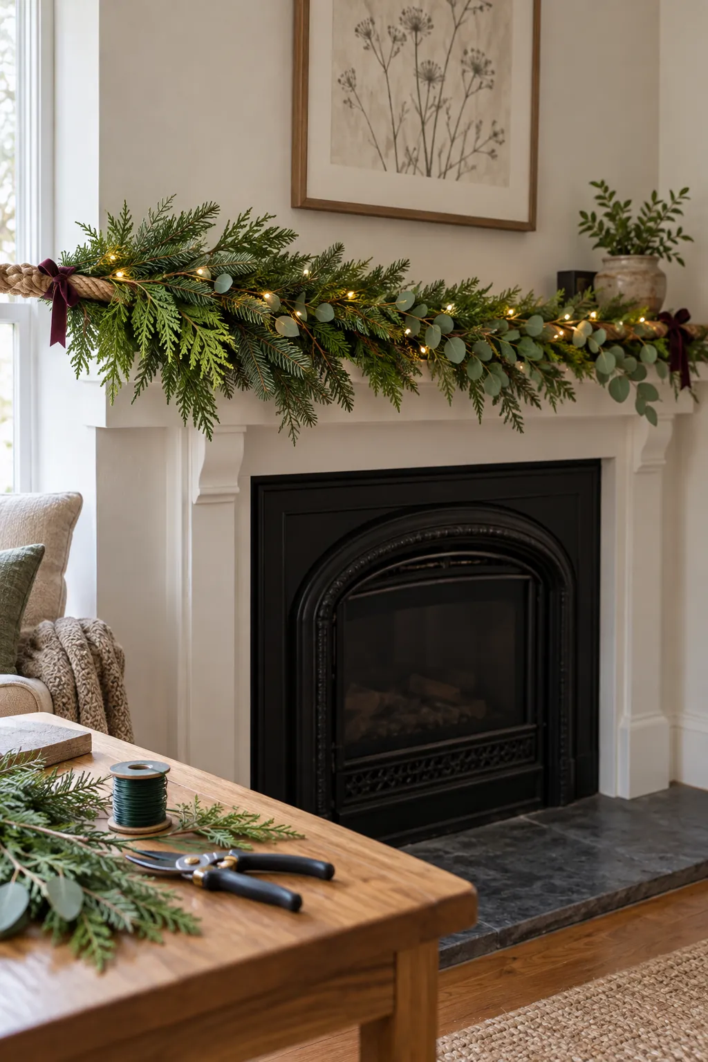 Layered evergreen garland arranged across a Christmas fireplace mantel