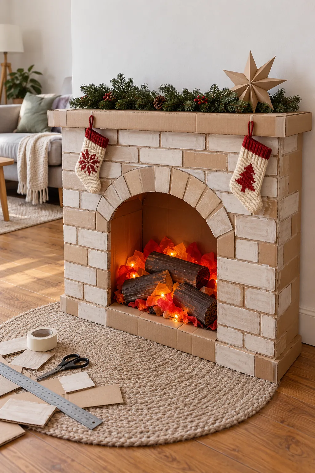 DIY cardboard faux fireplace decorated for Christmas