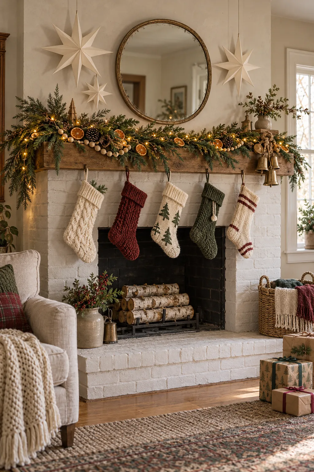 Warm DIY Christmas fireplace decorated with handmade greenery, stockings, and paper stars