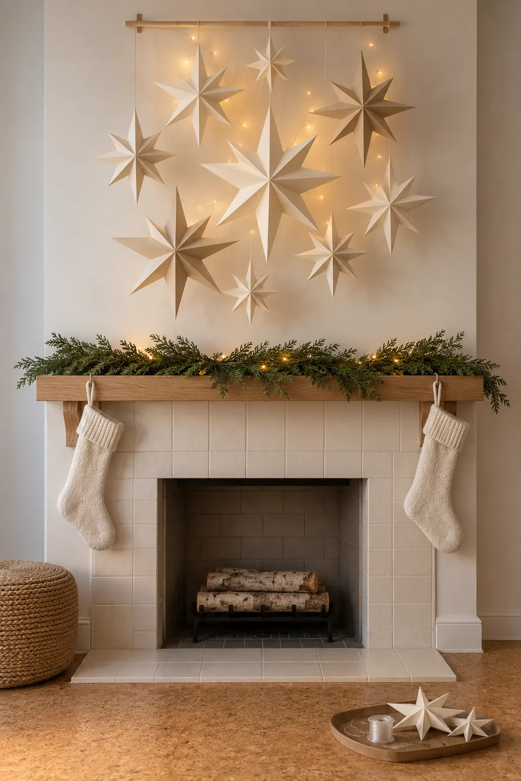 Cream folded paper stars above a decorated Christmas fireplace