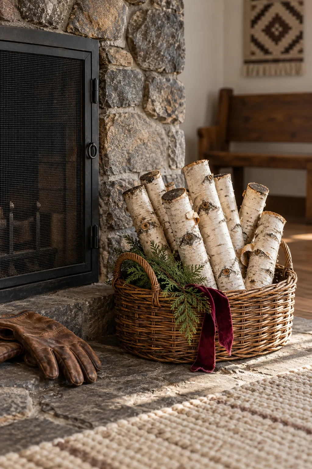 Woven basket of birch logs beside a Christmas fireplace