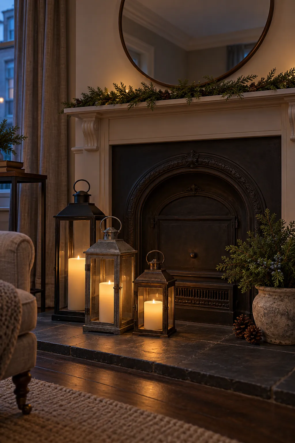 Flameless candle lanterns grouped on a Christmas hearth