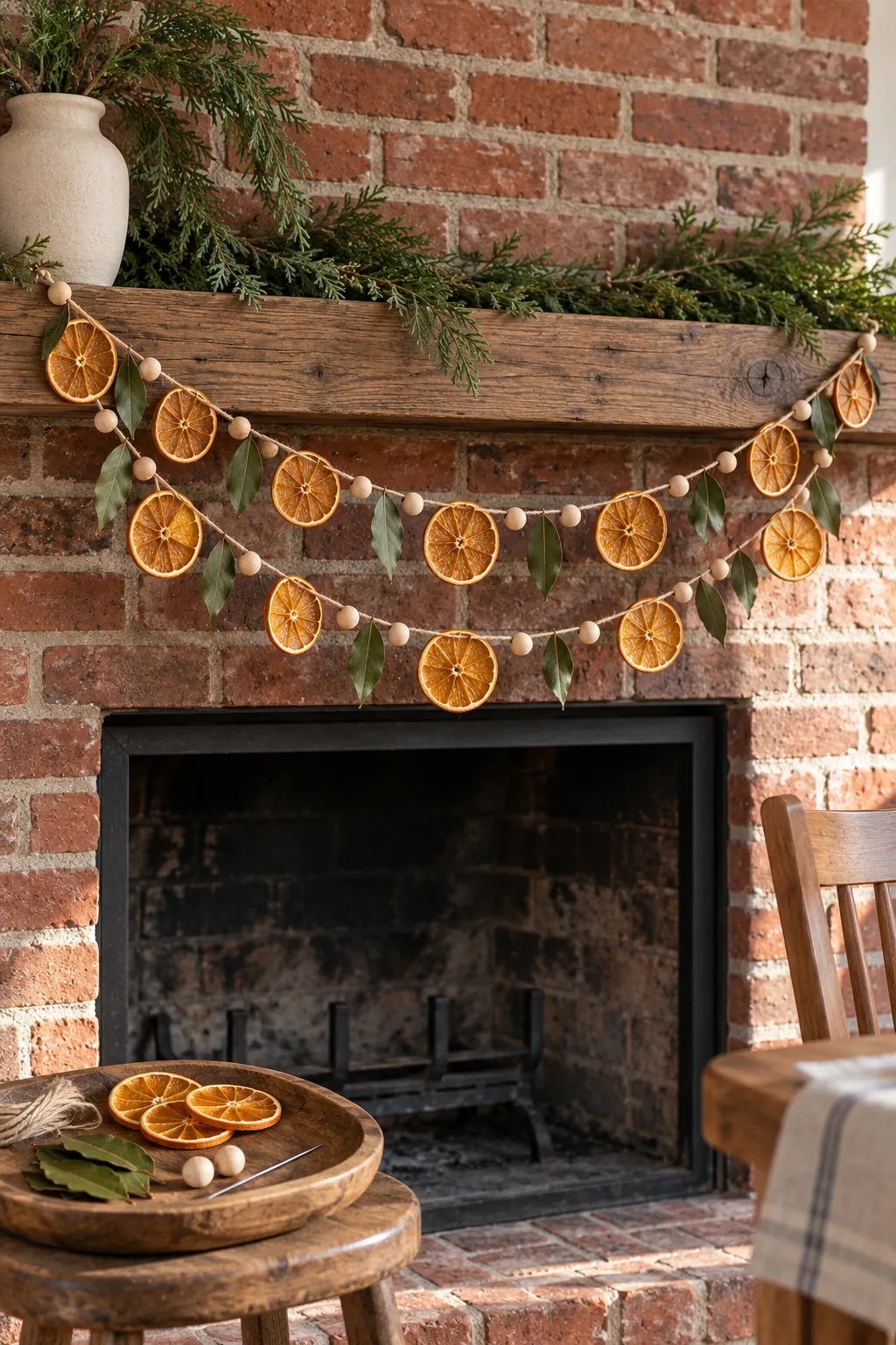 Dried orange and wooden bead garland on a Christmas mantel