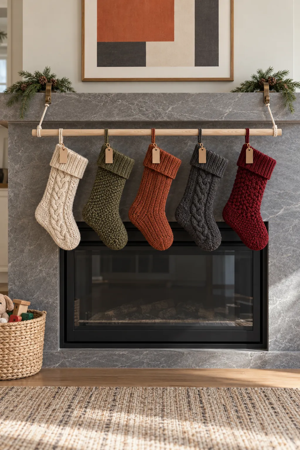 Knitted Christmas stockings hanging from a removable wood rail