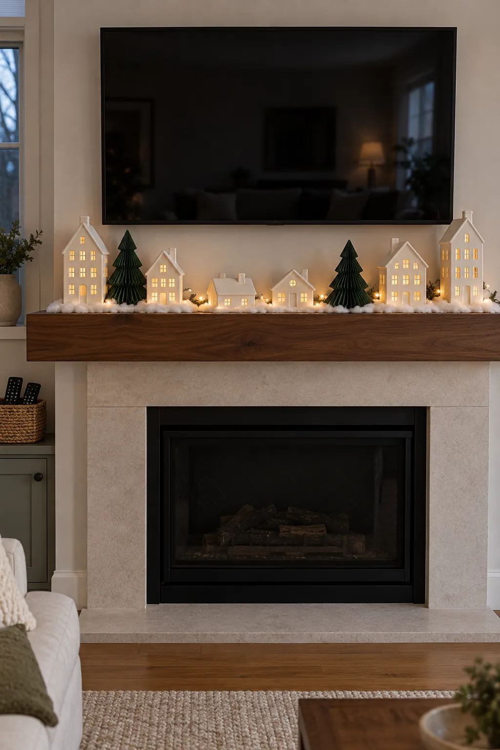 Mini Christmas village arranged across a fireplace mantel