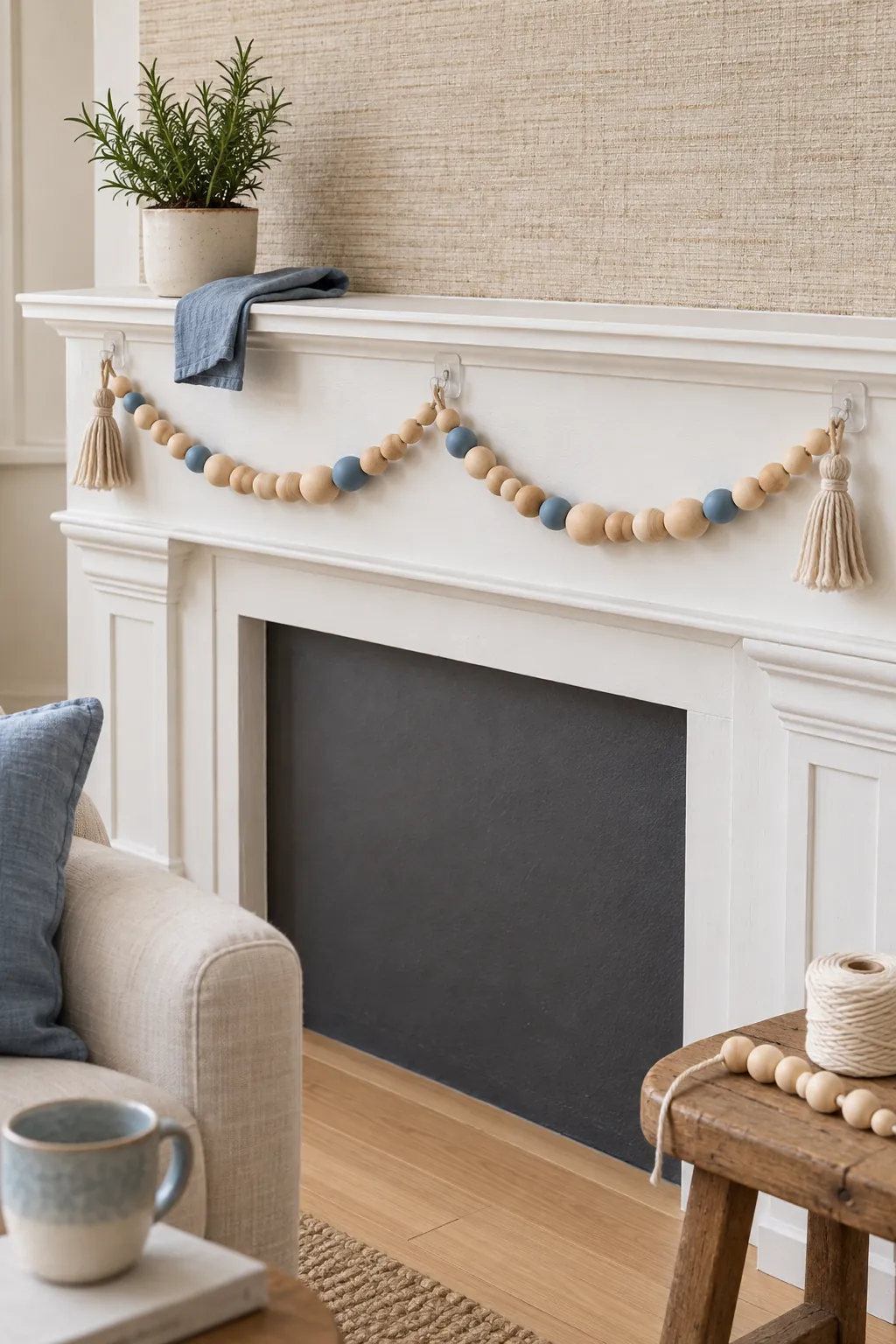 Handmade wood bead swag across a simple Christmas mantel