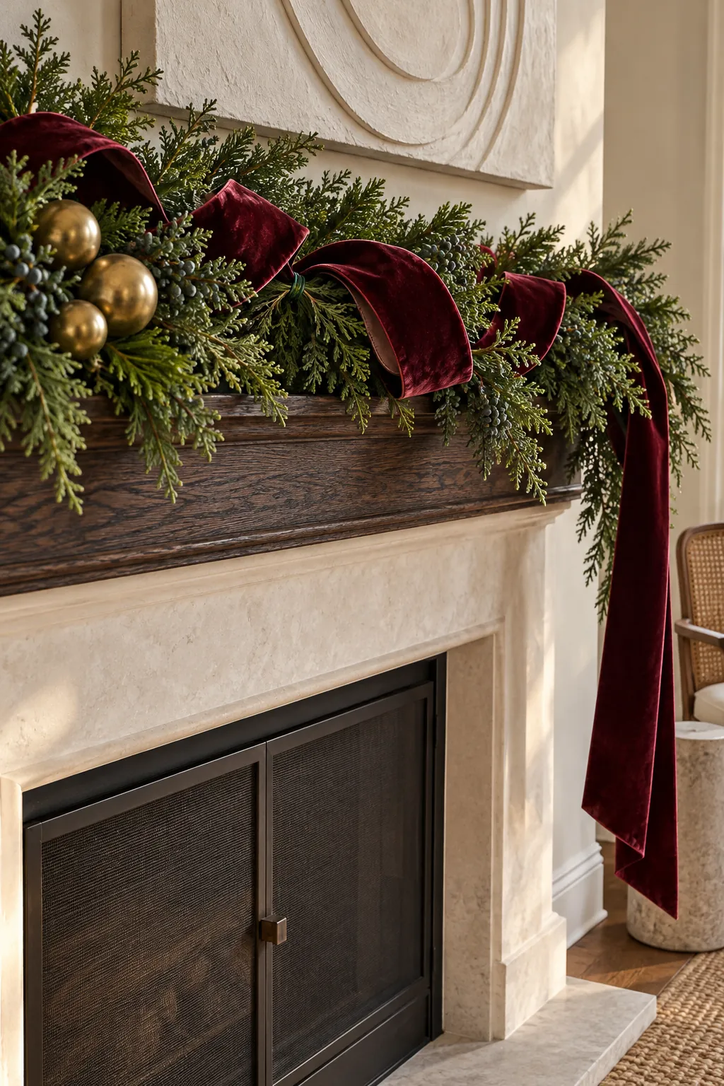 Deep red velvet ribbon cascading through Christmas mantel greenery