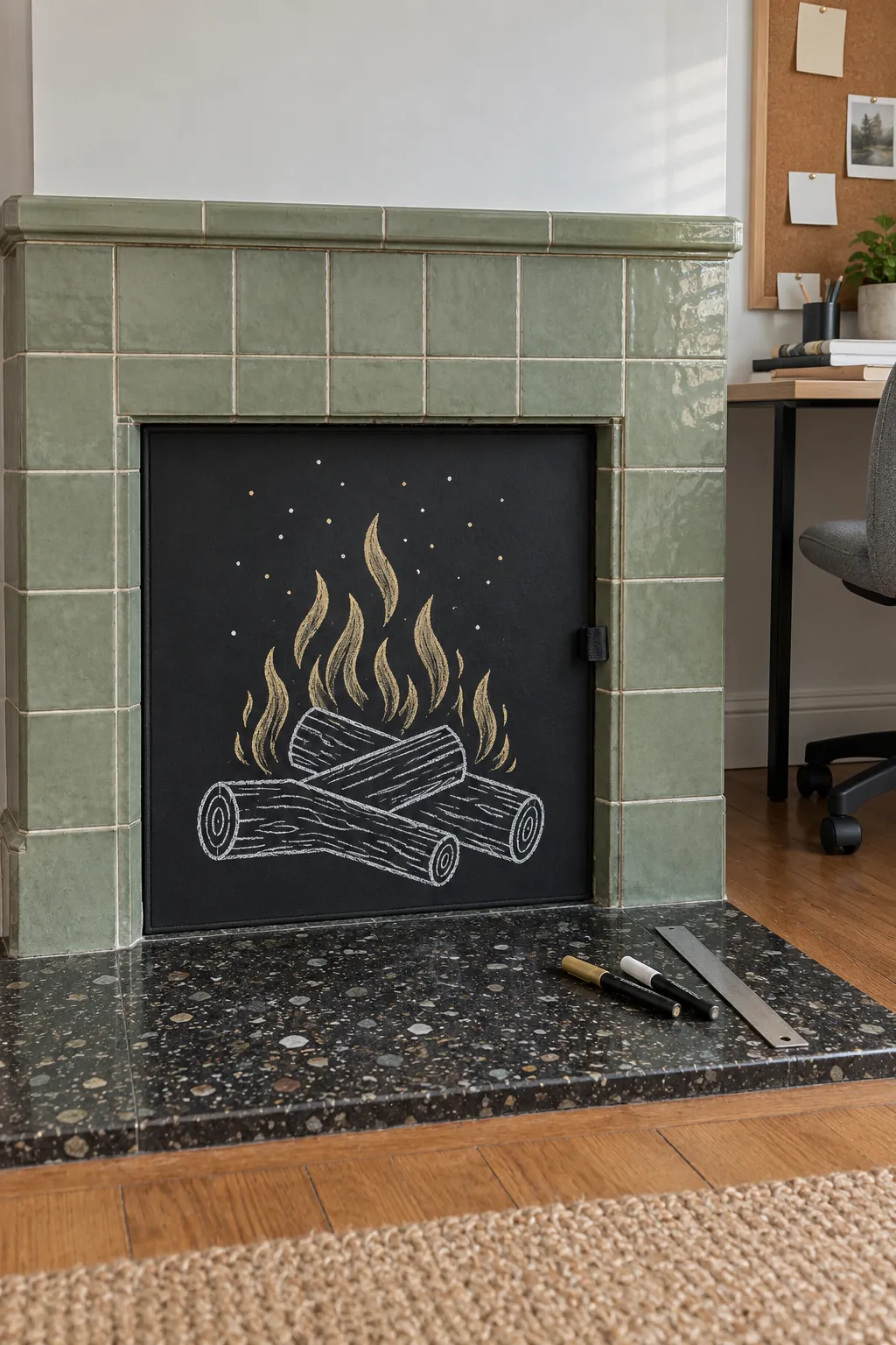 Hand drawn chalkboard insert in a nonworking Christmas fireplace
