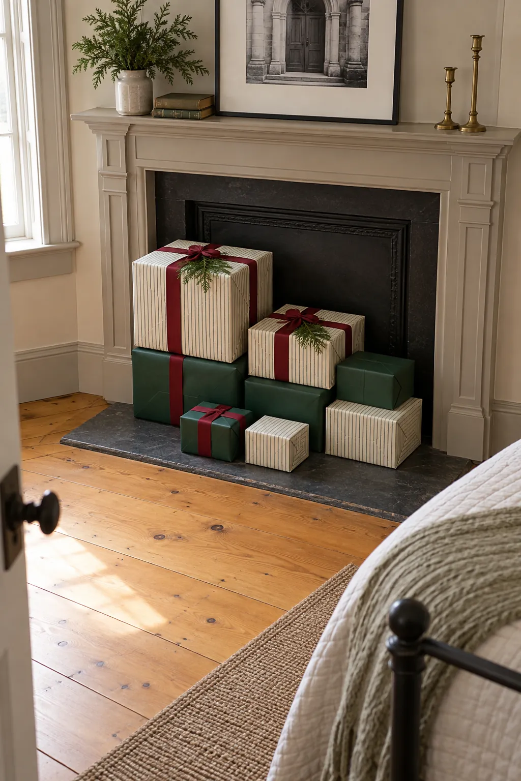 Coordinated wrapped gift boxes styled on a Christmas hearth