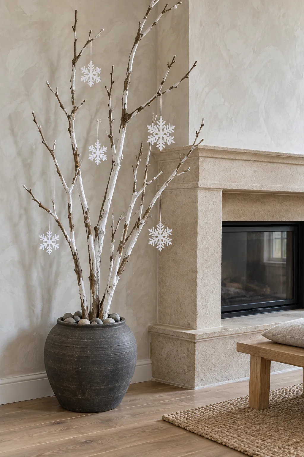 Painted snowy branches in a ceramic pot beside a Christmas fireplace