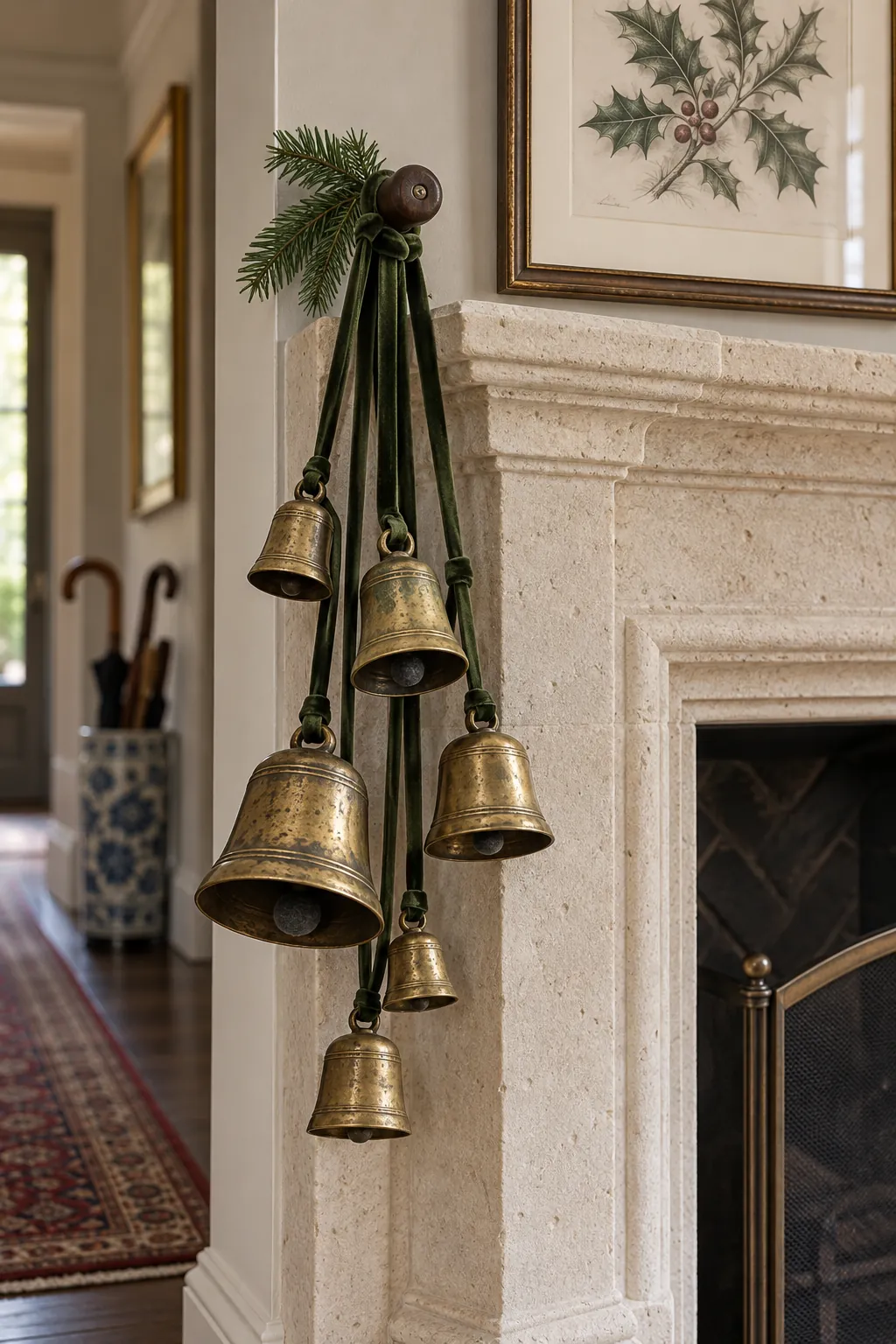Brass Christmas bells tied with velvet ribbon on a fireplace mantel