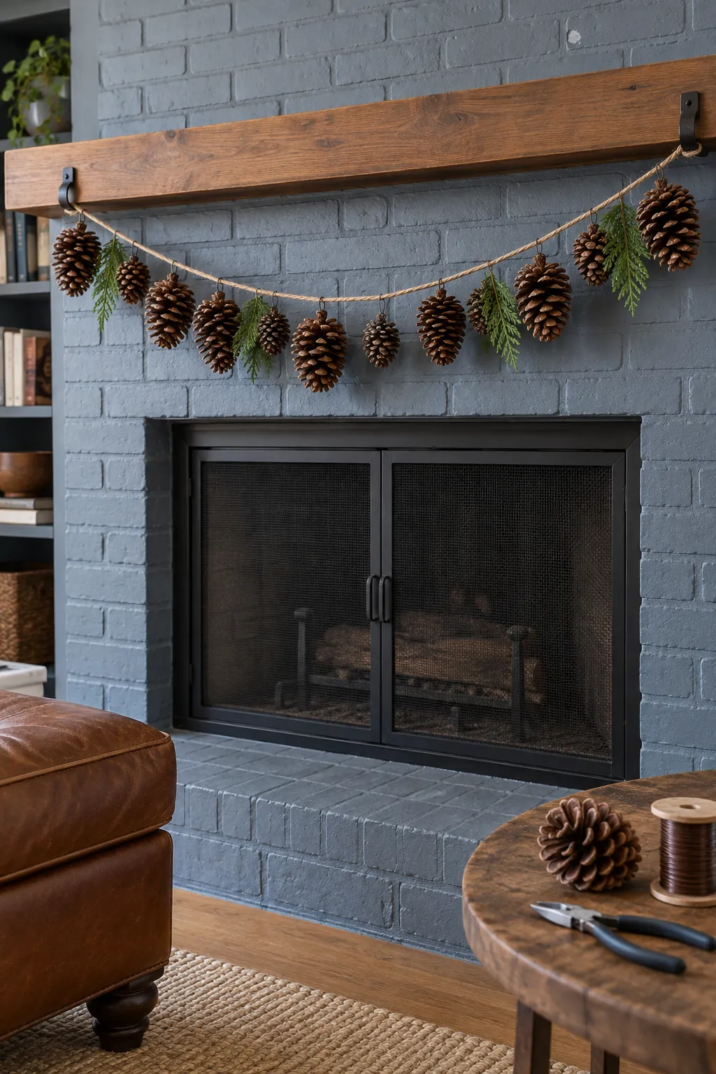 Handmade pinecone and cedar garland over a Christmas fireplace
