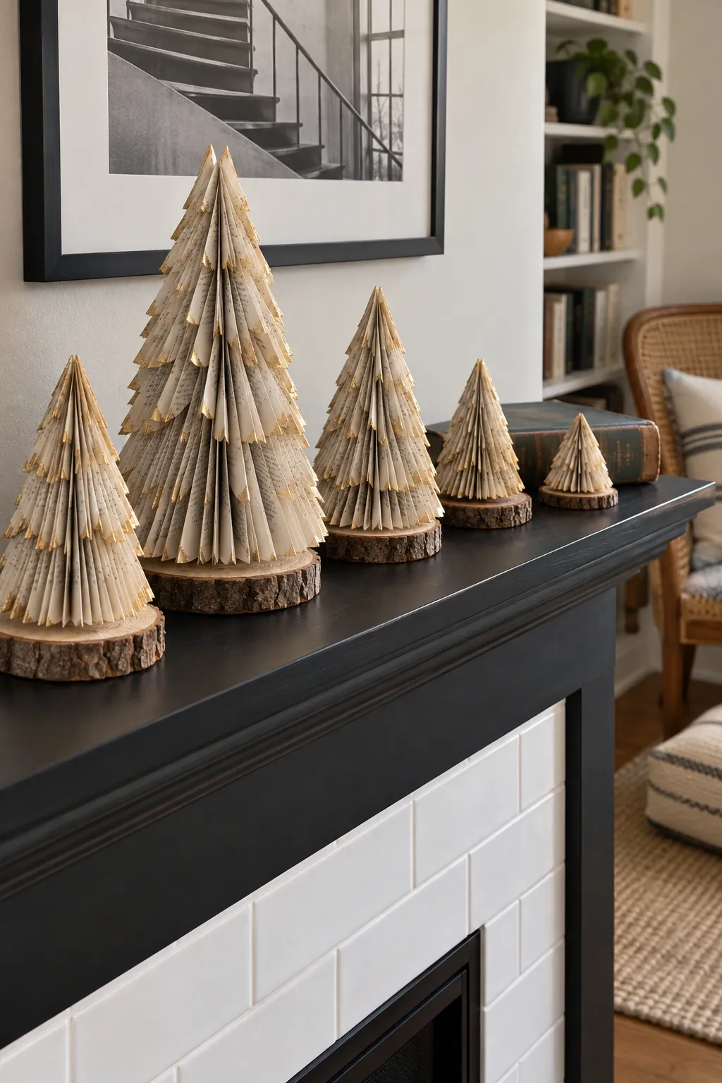 Folded book page Christmas trees displayed on a mantel