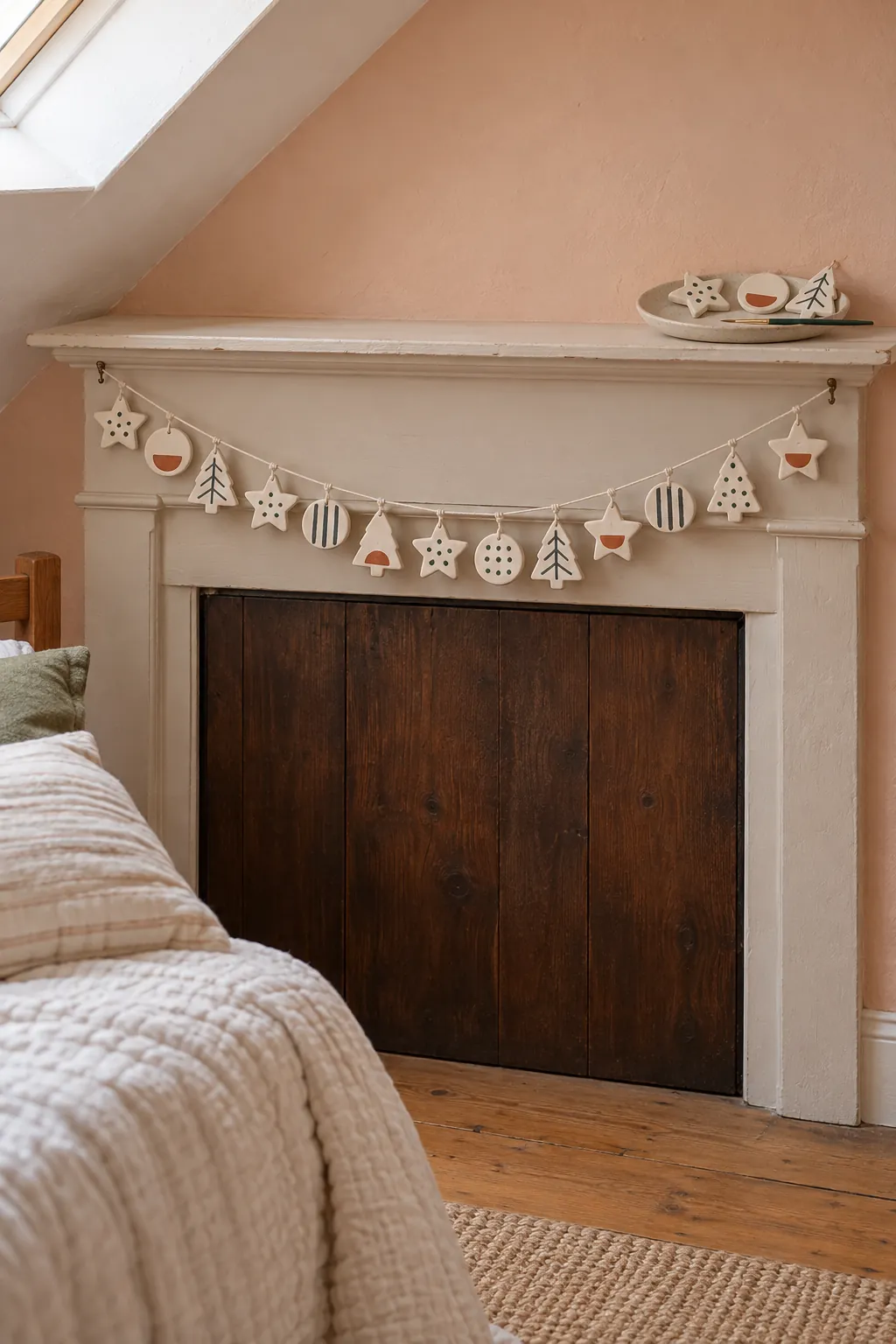 Handmade clay Christmas ornament strand across a narrow mantel