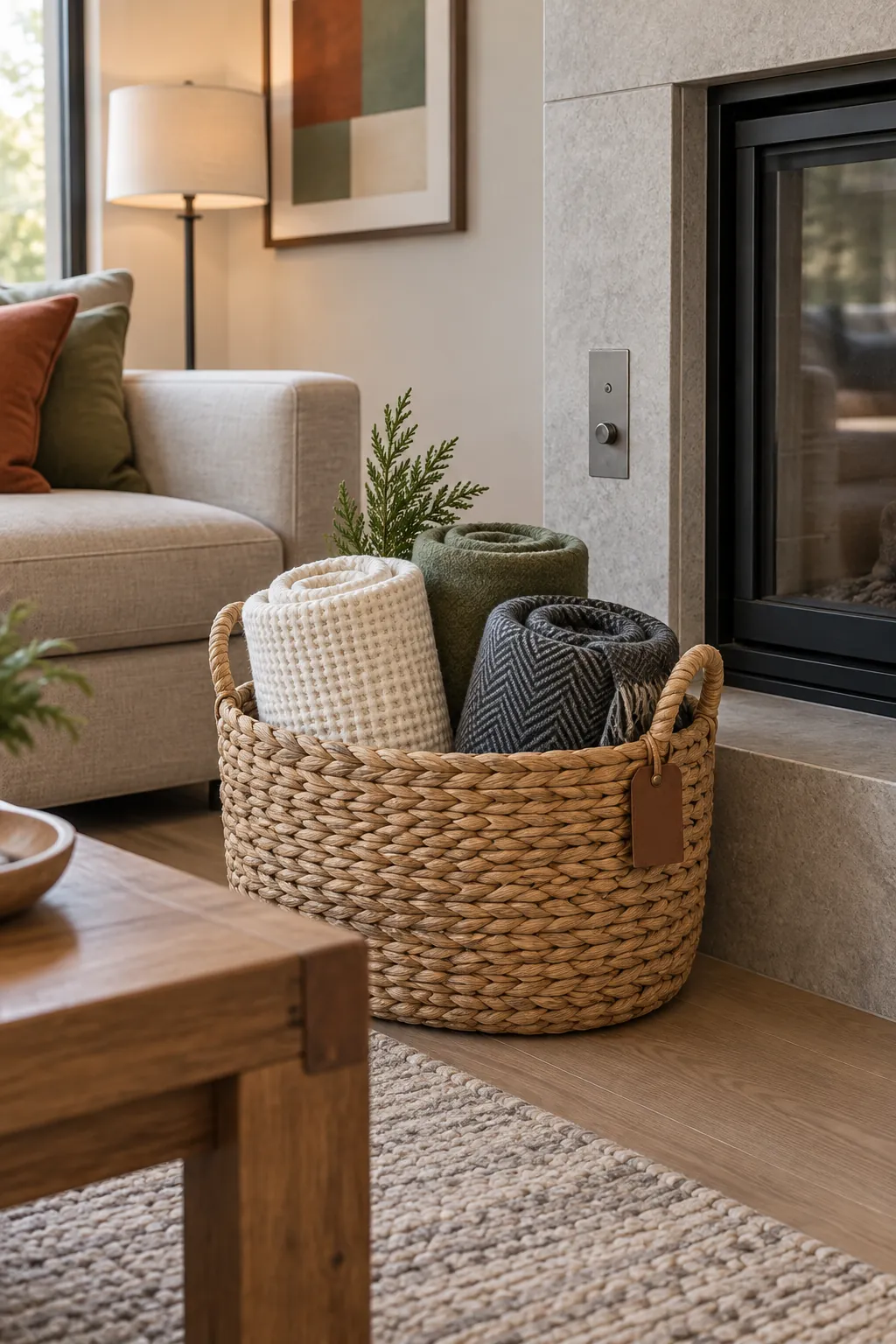 Basket of cozy blankets beside a decorated Christmas fireplace