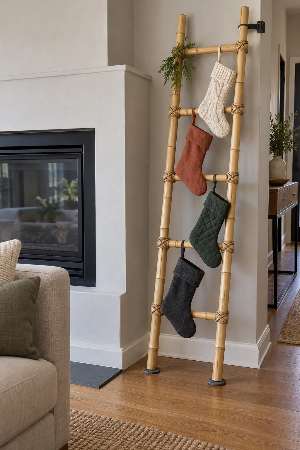 Bamboo ladder displaying Christmas stockings beside a fireplace
