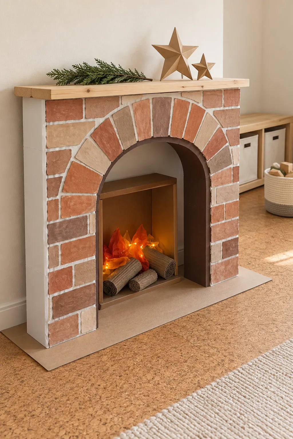 DIY removable paper brick arch on a faux Christmas fireplace
