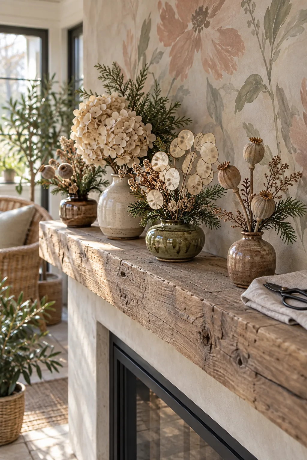 Winter dried flowers and preserved greenery on a Christmas mantel