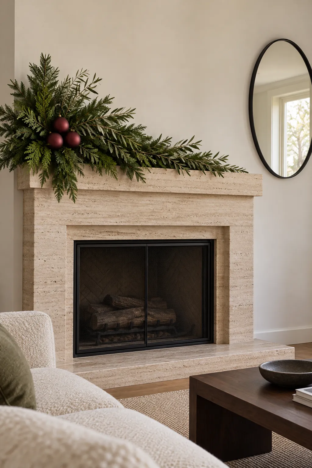 Asymmetric evergreen sweep across a modern Christmas mantel