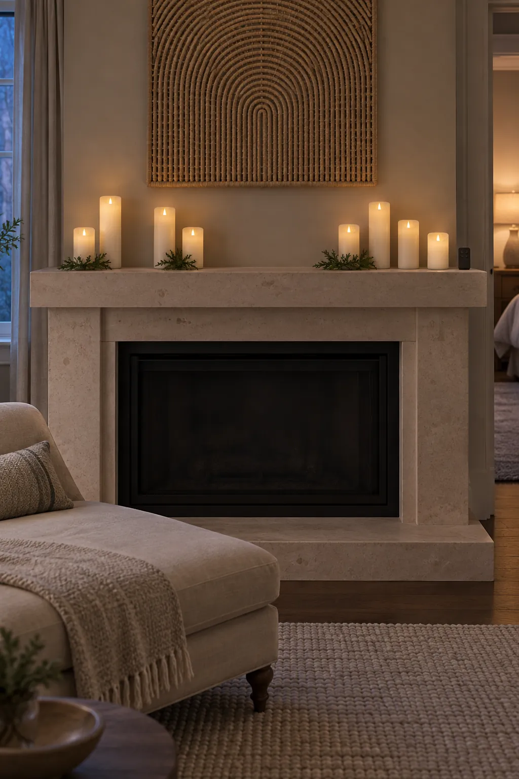 Simple flameless candle display on a quiet Christmas mantel