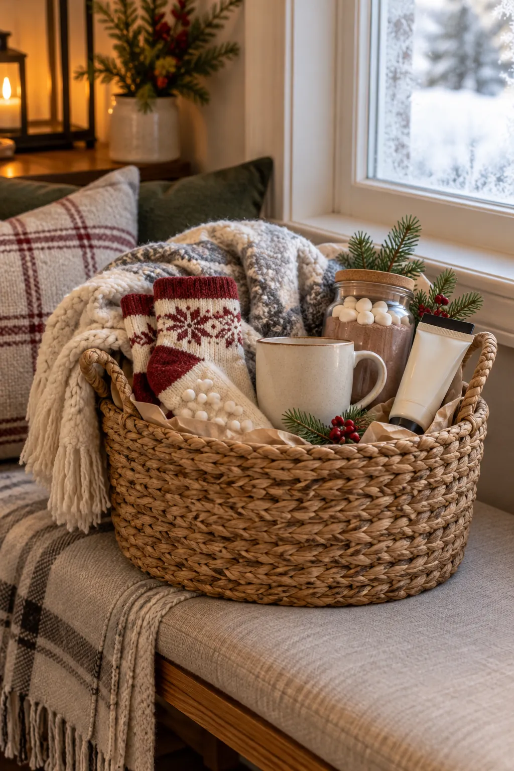 Classic winter brrr basket with blanket socks mug and cocoa